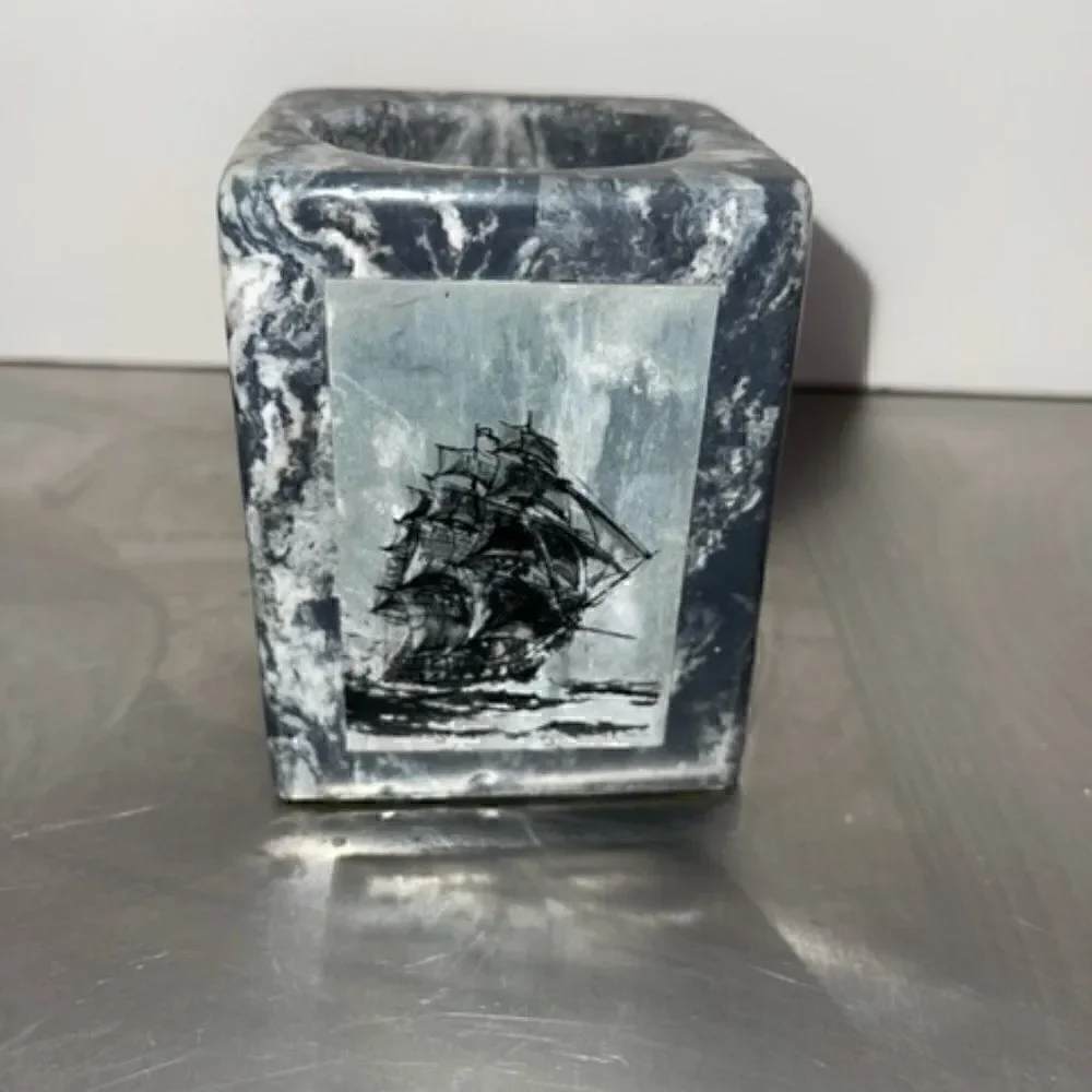 Black Gray Marble Ship Pen Pencil Cup Letter Hold